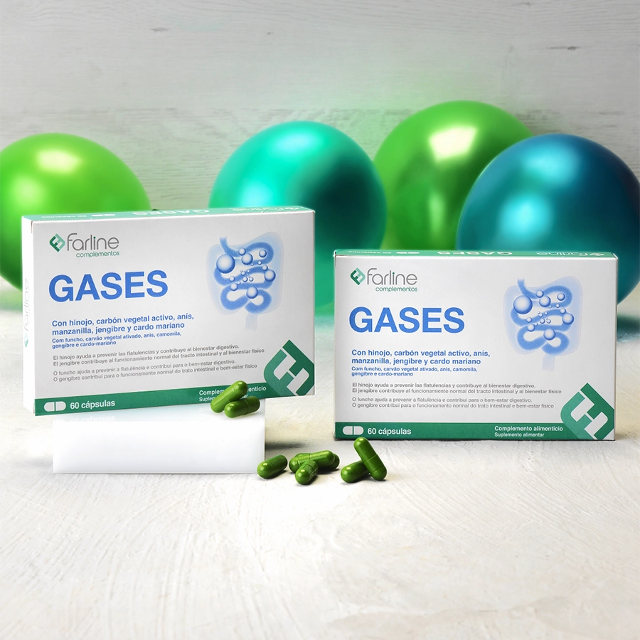 Complementos alimenticios Farline para bienestar digestivo y gases intestinales.