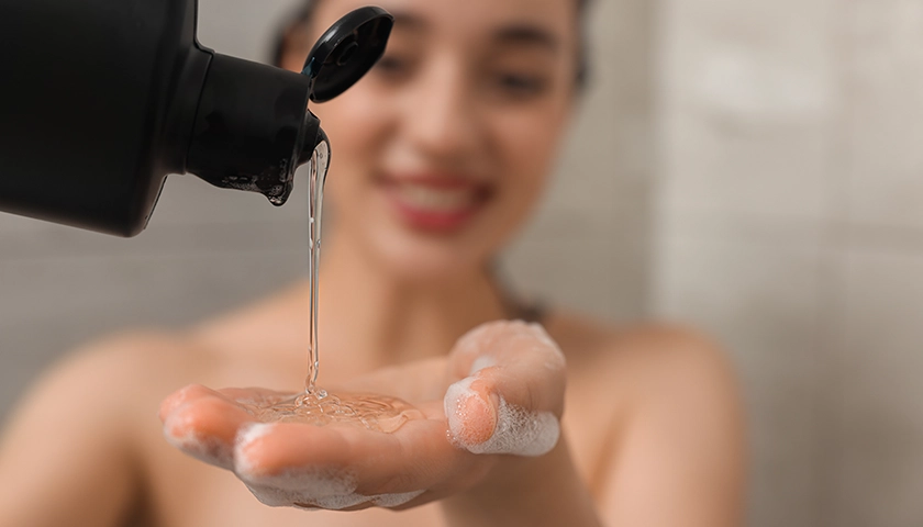 Mujer aplicando champú en la mano durante el lavado según su tipo de cabello.webp