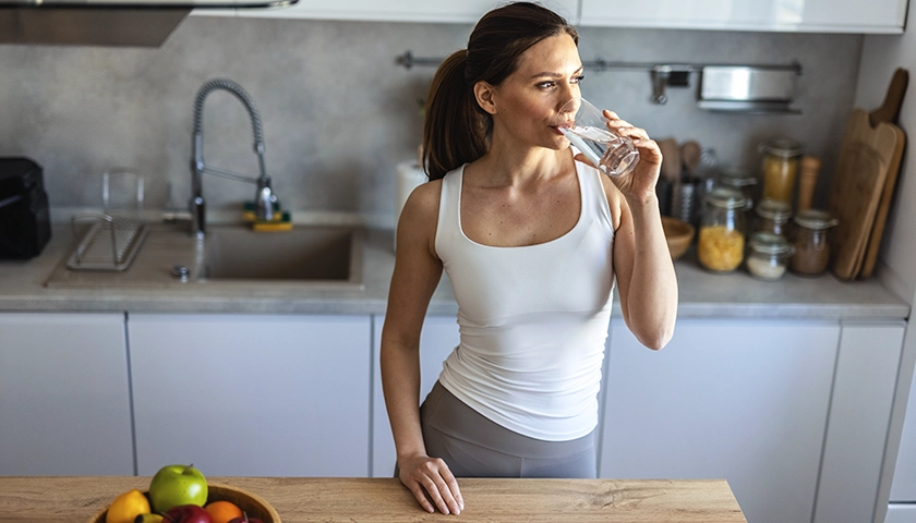 Mujer bebiendo agua para prevenir el cólico nefrítico.webp