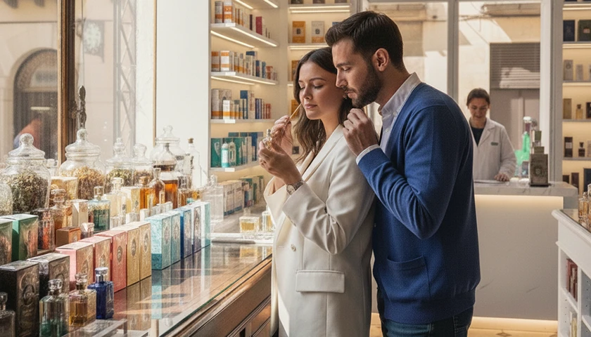 Pareja eligiendo perfumes en una farmacia, explorando diferentes fragancias para regalar en Navidad.webp